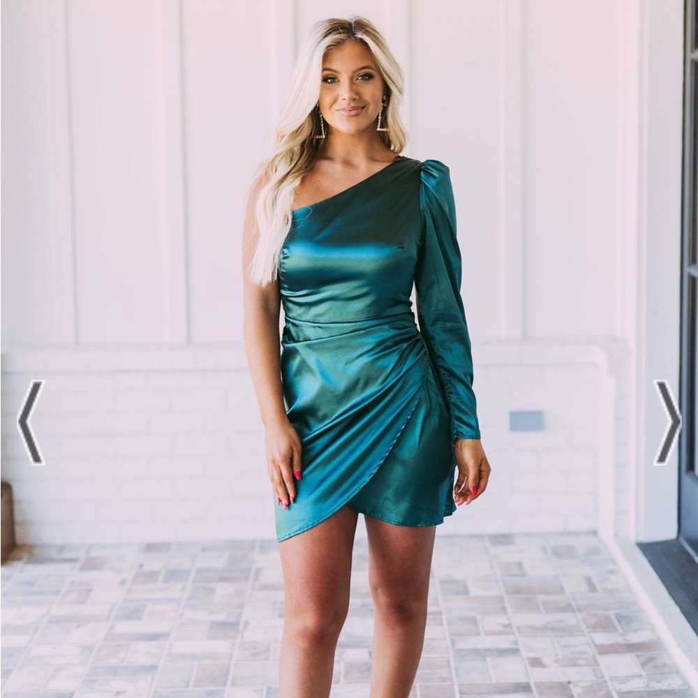 These Three Boutique Green Satin Dress | One shoulder satin dress - Picture 1 of 10